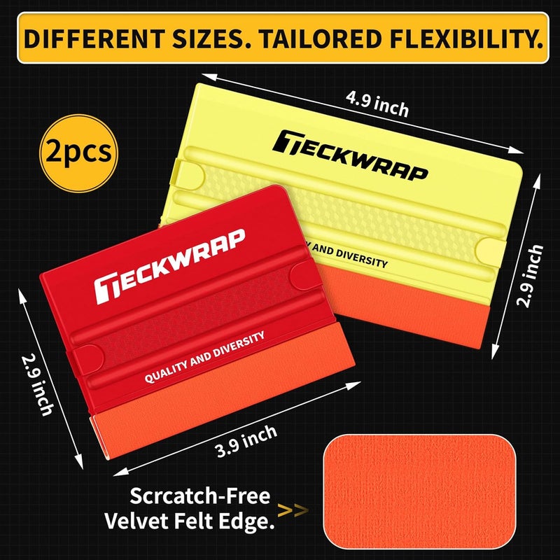 TECKWRAP Felt Squeegee for Vinyl Wrap, 2 Hardness Options Vinyl Scraper Tool with Anti-Slip Twin Ribs & Dual-Corner Design for PPF, Tint & Decals (Yellow 40A / Red 60A) - Image 2