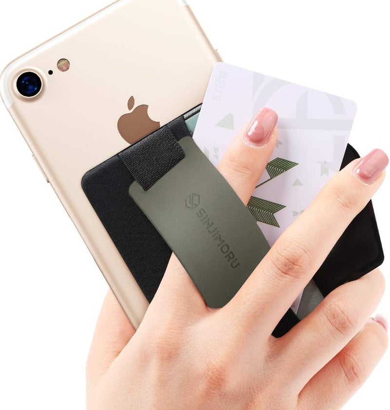 Sinjimoru Phone Grip Card Holder with Phone Stand, Secure Stick on Wallet for iPhone with Kicktand for Table. Sinji Pouch B-Grip Silicone Olive Grey - Image 1