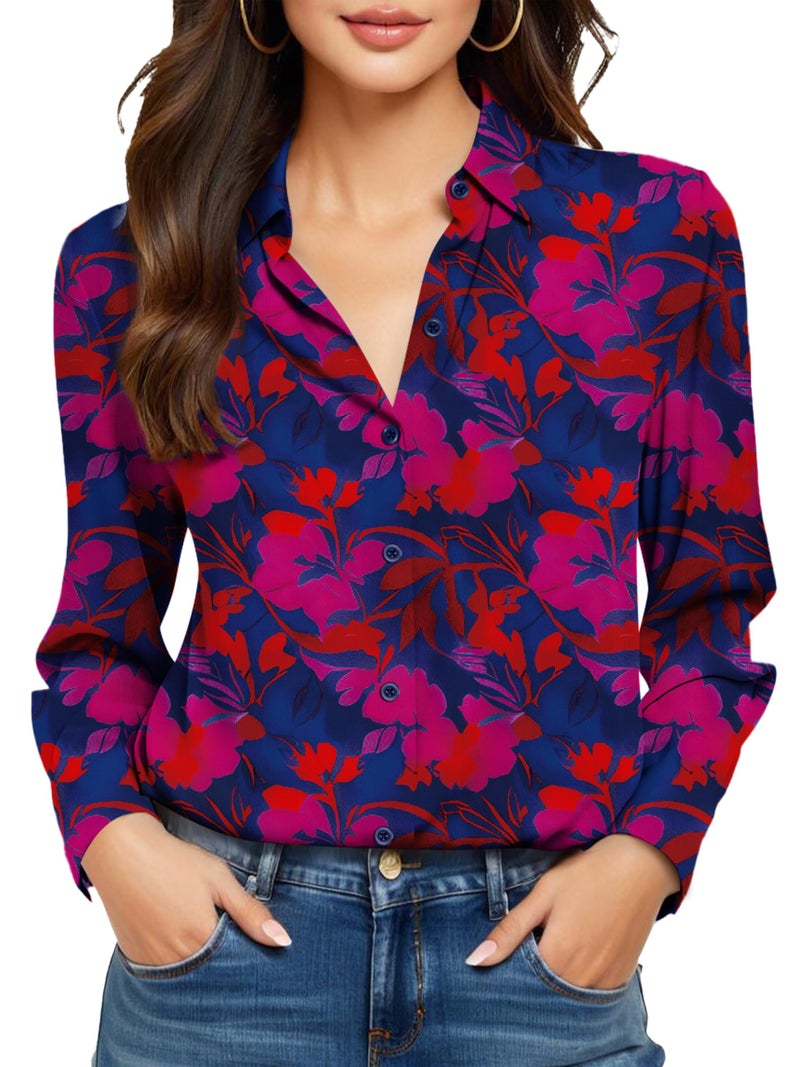 COUXILY Womens Button Down Blouse Long Sleeve Shirts for Women Tops Fall Business Casual Shirt Work Dressy Fashion Silk Formal Elegant Trending Classy Print Boho Hawaiian Tropical Floral 04 XL - Image 1