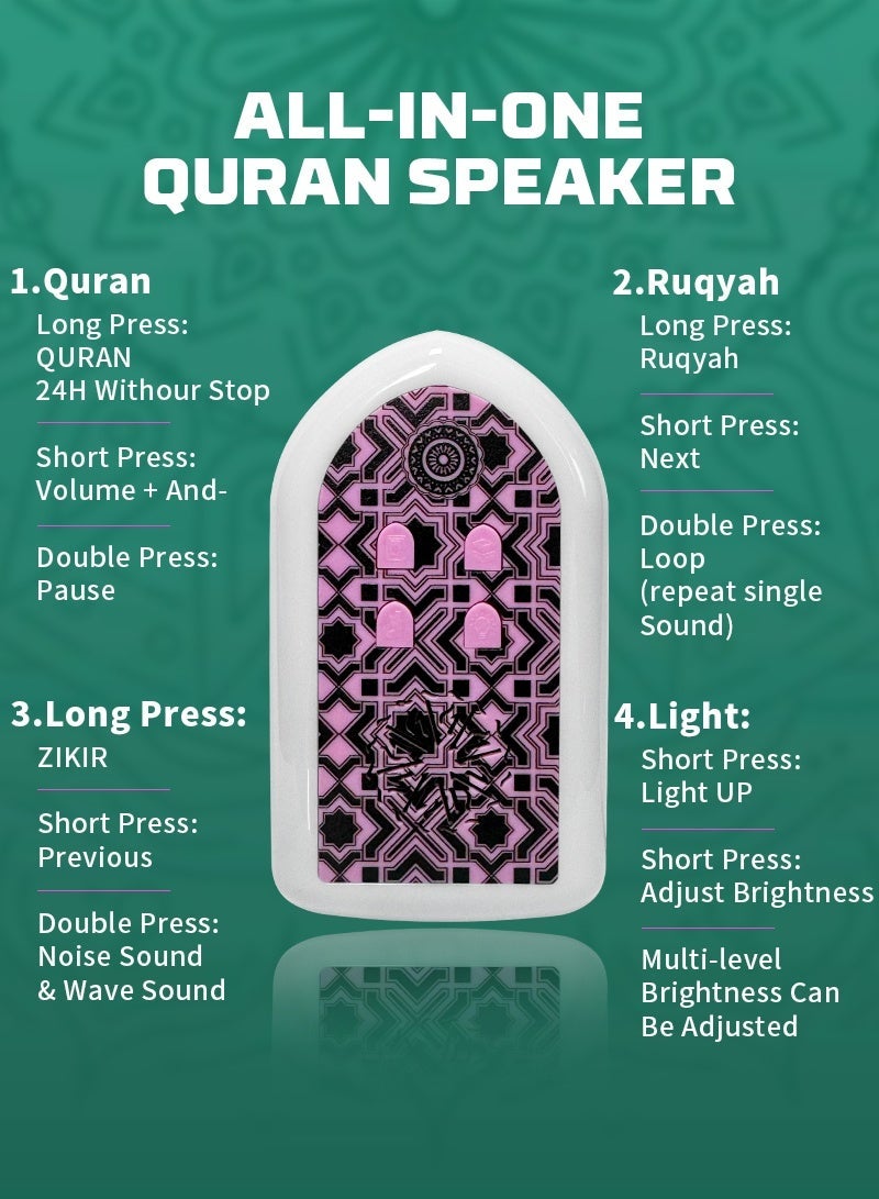 BESTIS Mini Wall Plug Quran Speaker with Light Wall Koran Reciter Ramadan Pray Essential Gift Pink 13*7*3cm - Image 3
