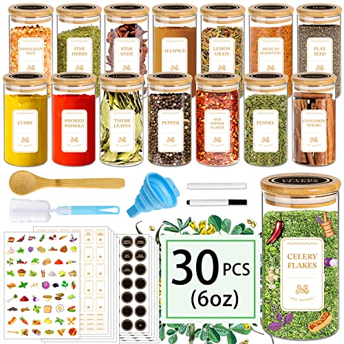 BGraceyy Spice Jars with Labels, 30Pcs 6oz Glass Spice Jars with Bamboo Lids, Minimalist Stackable Airtight Spice Containers with 426 labels for Kitchen Seasoning, Tea, Herbs, Coffee, Sugar,Shells - Image 1