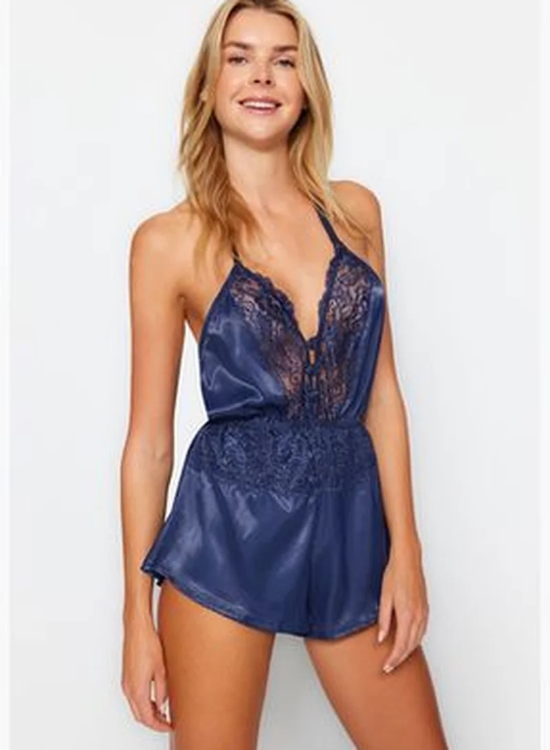trendyol Navy Blue Satin Fancy Nightgown With Lace Detail THMAW24CY00000.