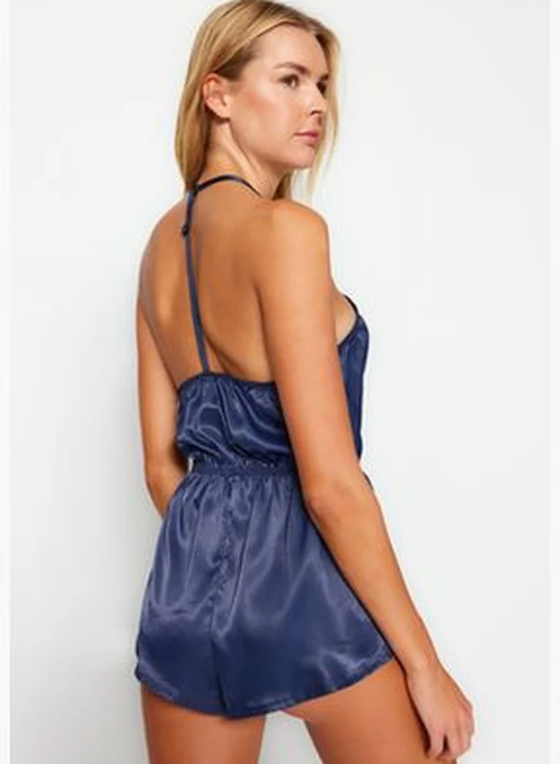 trendyol Navy Blue Satin Fancy Nightgown With Lace Detail THMAW24CY00000.