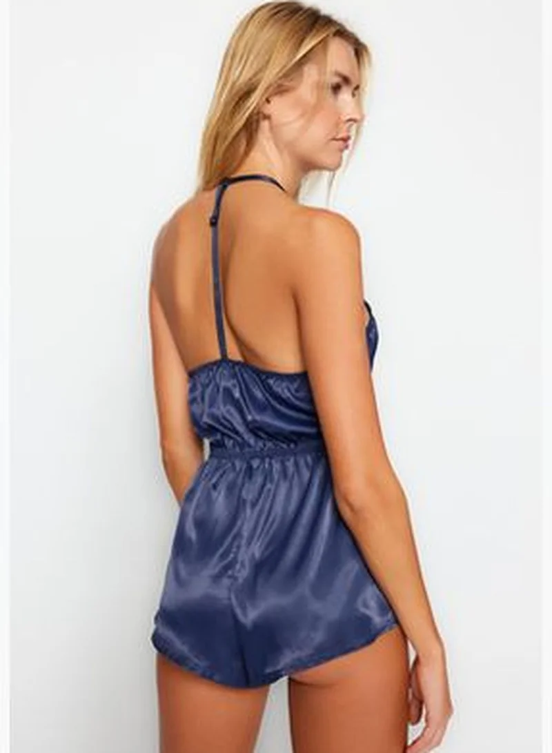 trendyol Navy Blue Satin Fancy Nightgown With Lace Detail THMAW24CY00000.