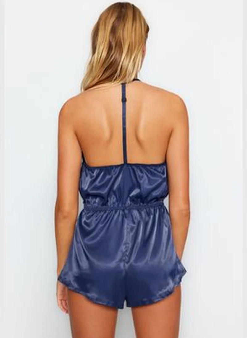 trendyol Navy Blue Satin Fancy Nightgown With Lace Detail THMAW24CY00000.