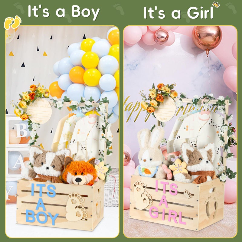 OFUSUY Large Wooden Baby Shower Crate Closet, Customizable Baby Shower Basket with Handle and Garland, New Born Baby Girl Boy Crate Box for Baby Shower for Pregnancy New Mom Parent - Image 3