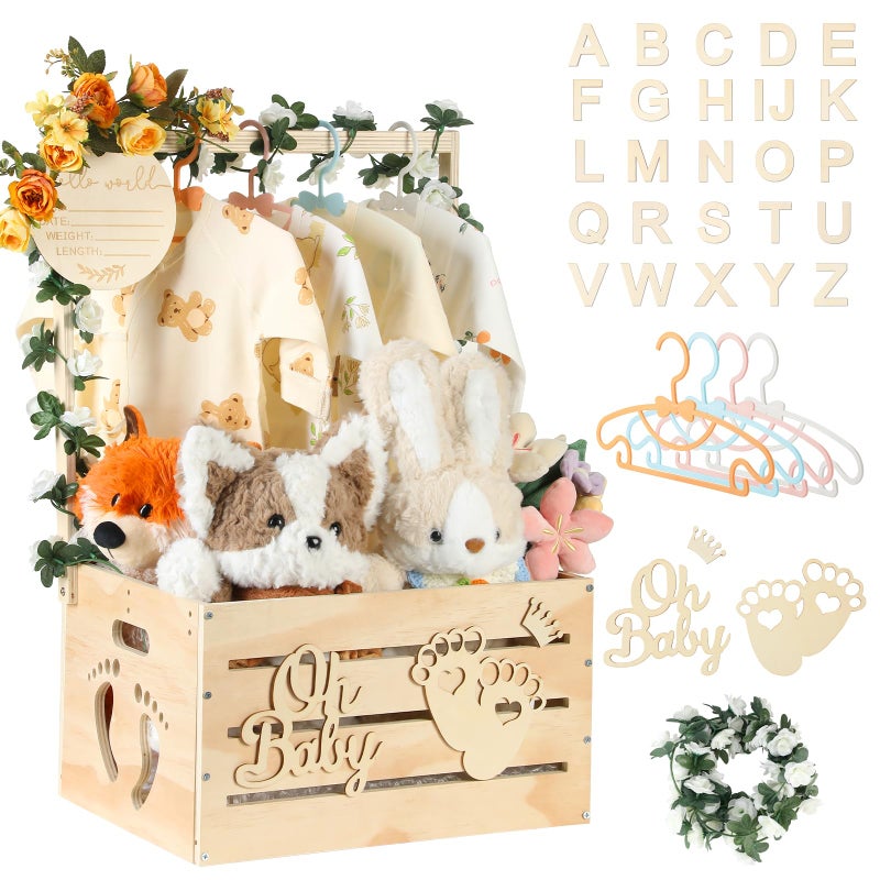 OFUSUY Large Wooden Baby Shower Crate Closet, Customizable Baby Shower Basket with Handle and Garland, New Born Baby Girl Boy Crate Box for Baby Shower for Pregnancy New Mom Parent - Image 1