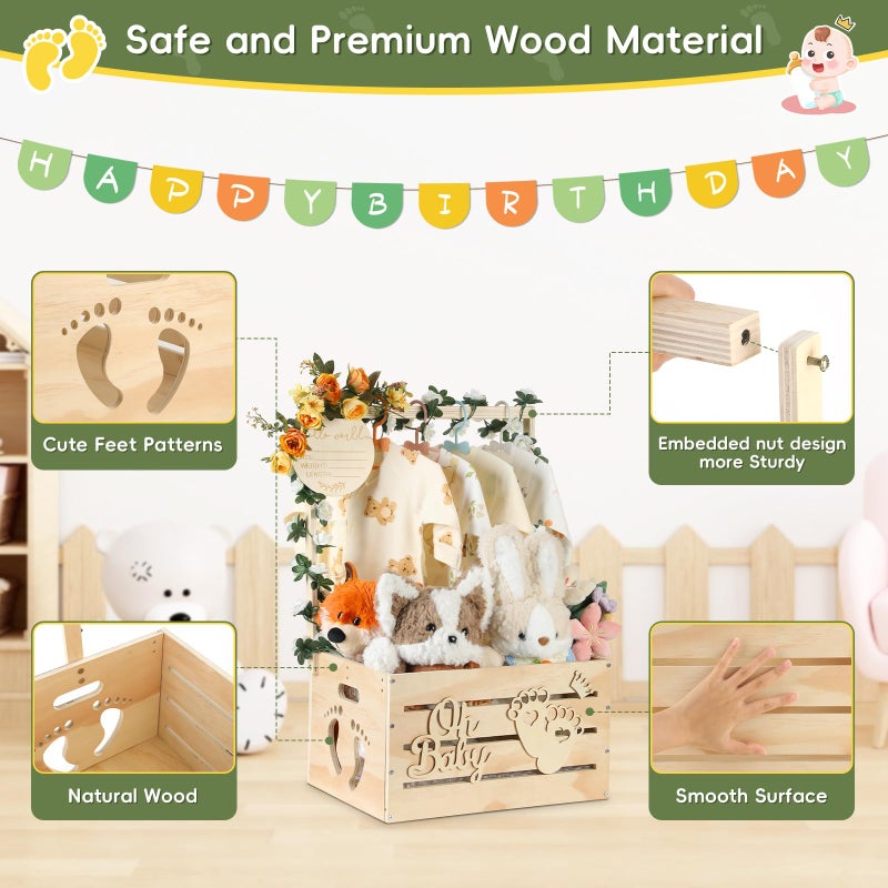OFUSUY Large Wooden Baby Shower Crate Closet, Customizable Baby Shower Basket with Handle and Garland, New Born Baby Girl Boy Crate Box for Baby Shower for Pregnancy New Mom Parent - Image 5