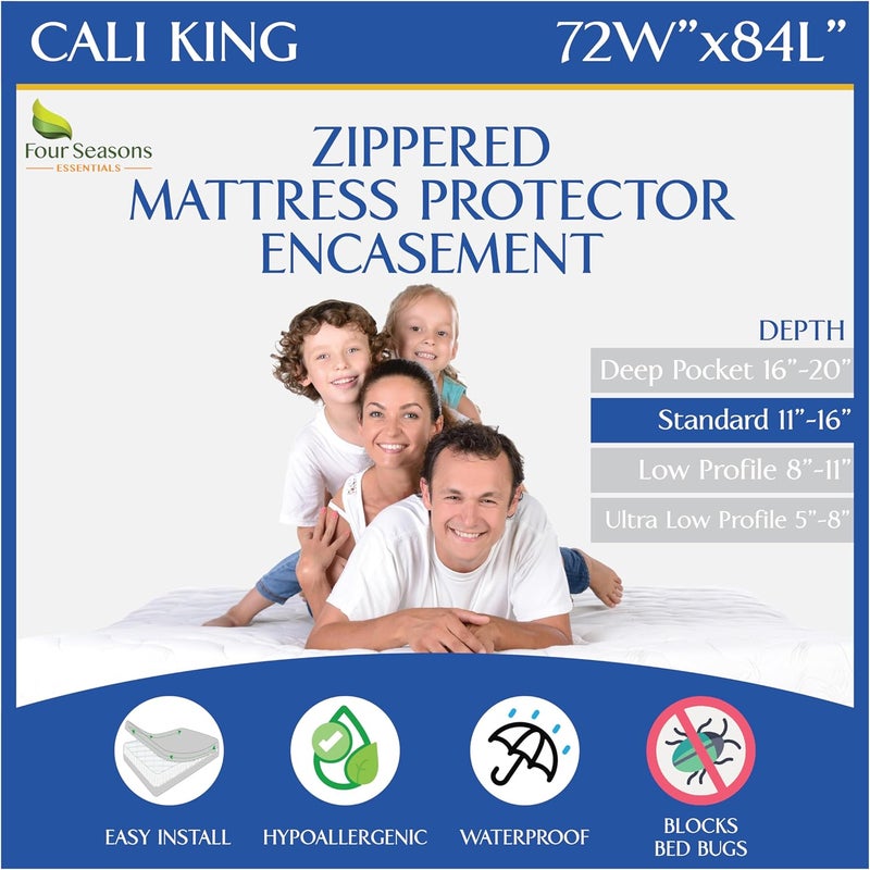 Four Seasons Essentials California King Mattress Protector Waterproof Zippered Encasement Hypoallergenic Premium Bed Cover Protects Against Dust, Allergens - Image 1