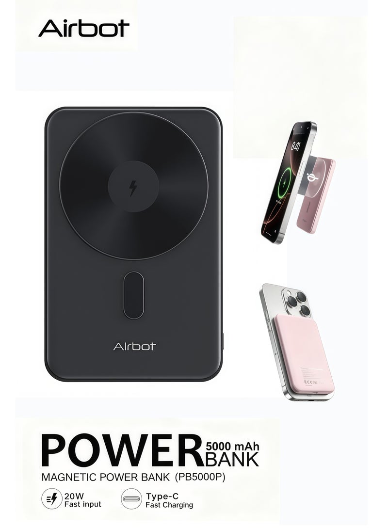 آيربوت باور بانك لاسلكي Airbot 5000mAh MagSafe، للهواتف الذكية التي تدعم الشحن اللاسلكي، الوزن الصافي حوالي 110 جرام فقط، امتصاص مغناطيسي قوي، خفيف الوزن ومغناطيسي، باور بانك محمول للسفر، يدعم الشحن السريع 20 وات للشحن السلكي (أسود) - Image 1