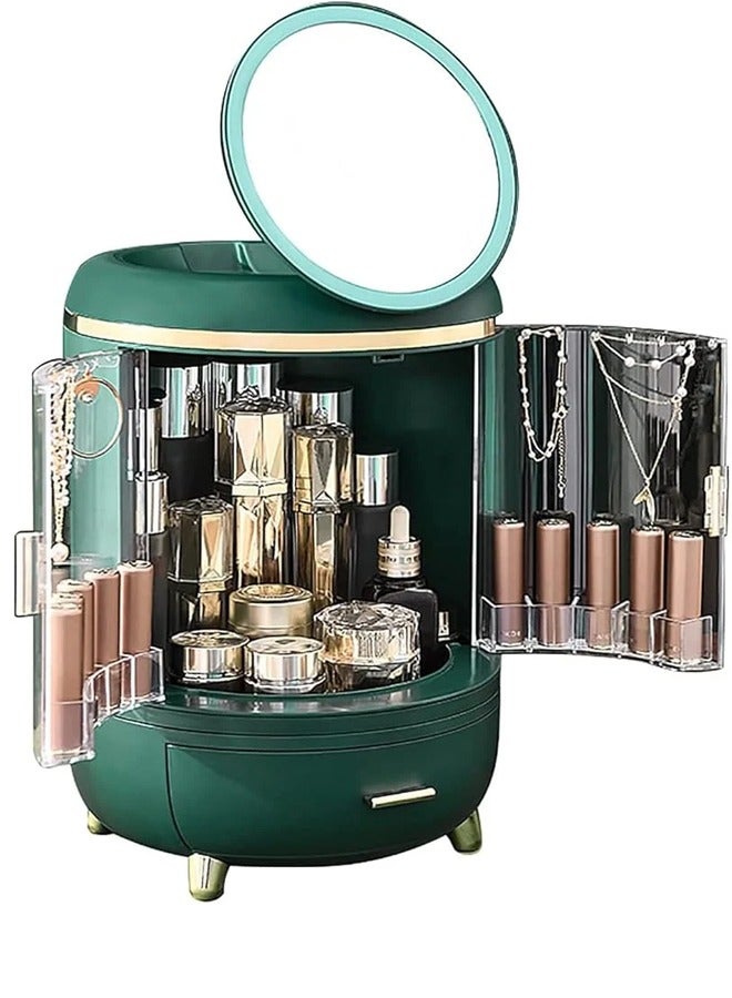 منظم مكياج فاخر بأبواب شفافة ومرآة LED دوارة   تخزين أنيق وعملي - Image 1