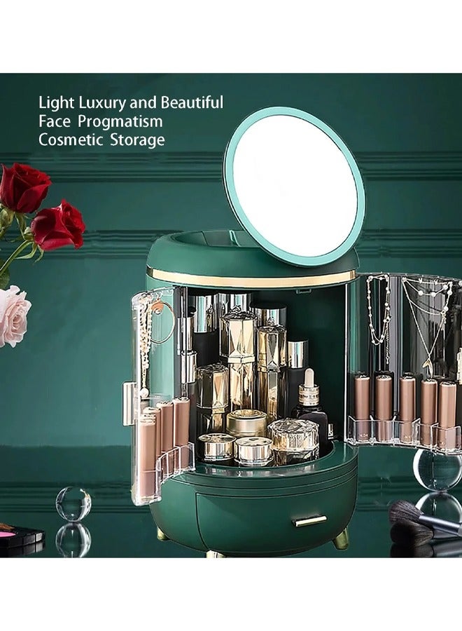 منظم مكياج فاخر بأبواب شفافة ومرآة LED دوارة   تخزين أنيق وعملي - Image 5