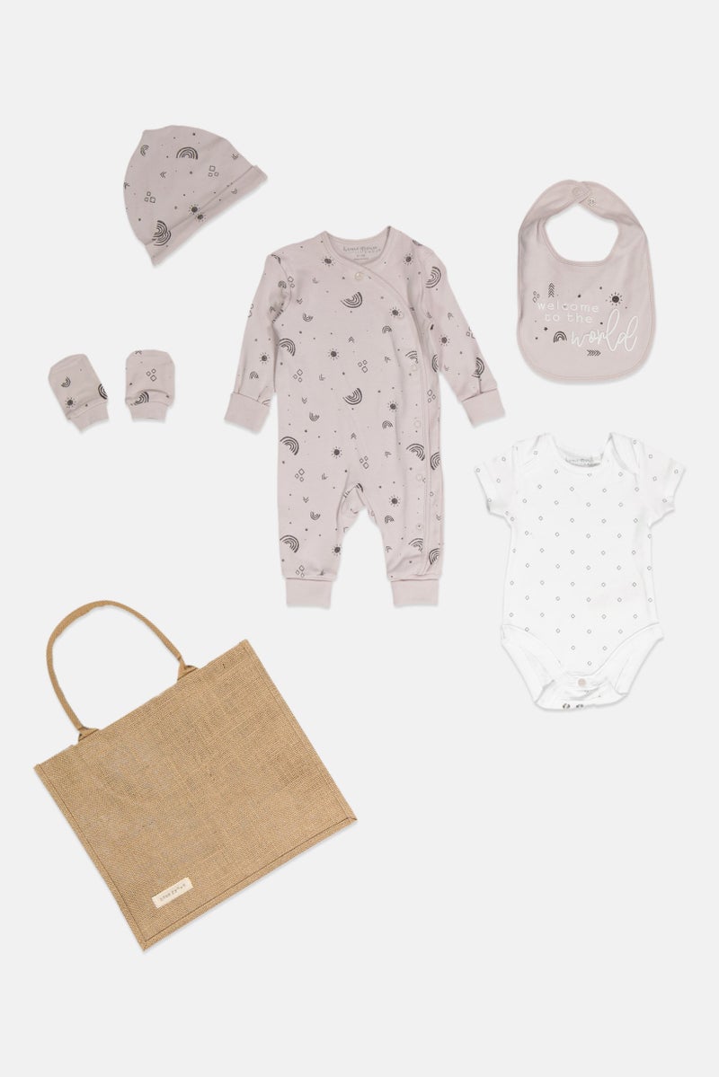 Home Grown Baby 6 Pieces Toddlers Girl Hanging Gift With Bag Set, Taupe  - Image 1