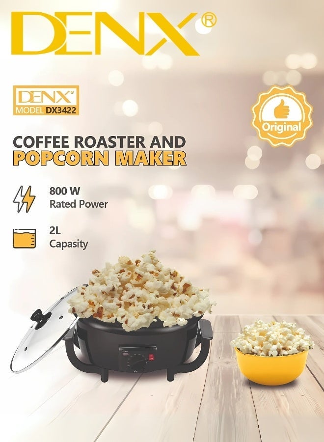 Denx DX3422 Electric Coffee Roaster and Popcorn Maker – 800W Power, 2L Capacity with Transparent Glass Lid and Adjustable Temperature Control – Ideal for Home Roasting of Coffee Beans, Making Popcorn and Nuts with Ease - Image 5