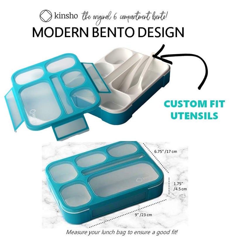 kinsho Bento Box Lunch-Box for Kids Adults, Snack Containers for Toddlers, Leakproof School Bentobox, 6 Section Meal Container for Boys Girls Women Lunches, BPA Free Utensils, Blue - Image 1