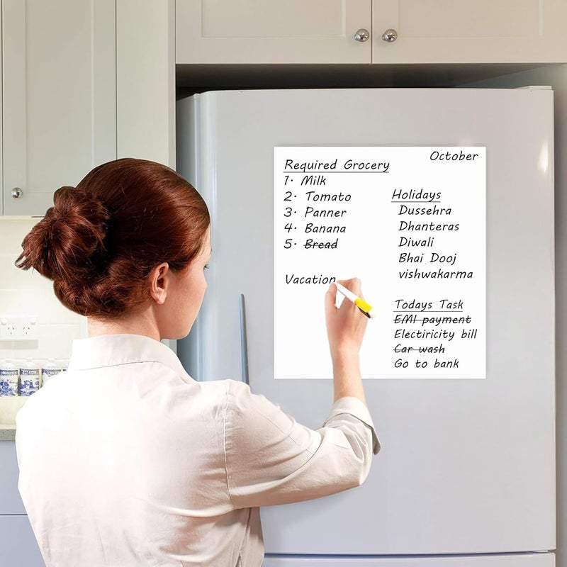 Magy store Magnetic Dry Erase White Board Sheet 12x16 inch with Marker Pen | Whiteboard Sticker Roll for Refrigirator, Fridge, Metal Wardrobe, for Grocery List, Task Planner etc. (Size - 20 * 30 cm). - Image 1
