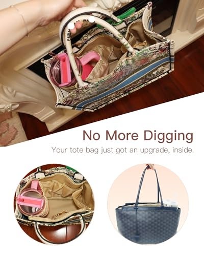 TOVICE Tote Bag Organizer Insert with Stanley Cup Holder and Zipper Bag, Compatible with Neverfull, Saint Louis and More, 9 Pockets (Beige, X-Large) - Image 5