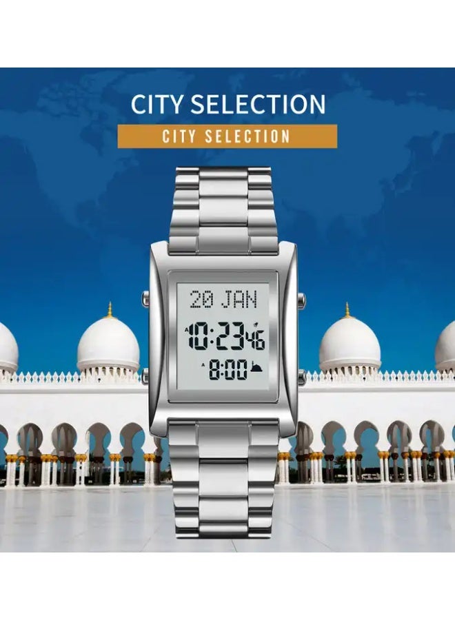 SKMEI Islamic digital clock with prayer times, Adhan, and Qibla direction. Silver with a white background. 1815 - Image 2