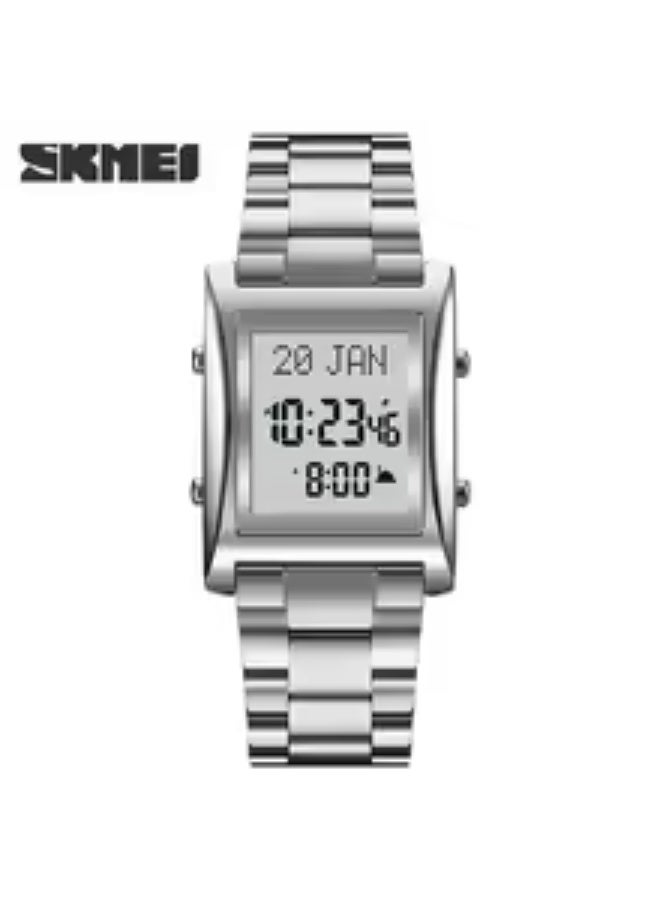 SKMEI Islamic digital clock with prayer times, Adhan, and Qibla direction. Silver with a white background. 1815 - Image 1