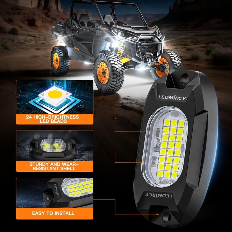 LEDMIRCY أضواء الصخور، LEDMIRCY R6 أضواء صخور LED بيضاء 20 قطعة للشاحنات ومركبات UTV والطرق الوعرة والقوارب ومركبات ATV وSUV وإضاءة السيارات، فائقة السطوع، إضاءة نيون تحتية عالية الطاقة مقاومة للماء والصدمات. - Image 4