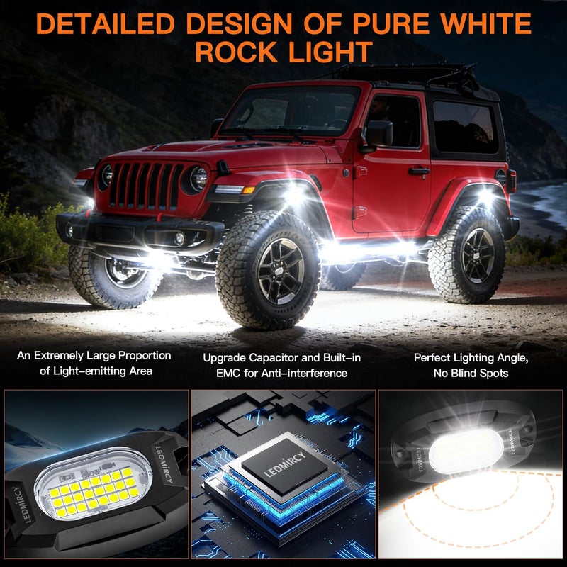 LEDMIRCY أضواء الصخور، LEDMIRCY R6 أضواء صخور LED بيضاء 20 قطعة للشاحنات ومركبات UTV والطرق الوعرة والقوارب ومركبات ATV وSUV وإضاءة السيارات، فائقة السطوع، إضاءة نيون تحتية عالية الطاقة مقاومة للماء والصدمات. - Image 2