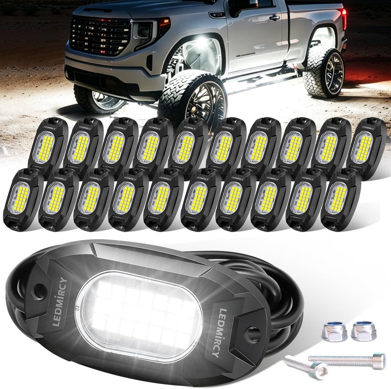 LEDMIRCY أضواء الصخور، LEDMIRCY R6 أضواء صخور LED بيضاء 20 قطعة للشاحنات ومركبات UTV والطرق الوعرة والقوارب ومركبات ATV وSUV وإضاءة السيارات، فائقة السطوع، إضاءة نيون تحتية عالية الطاقة مقاومة للماء والصدمات. - Image 1