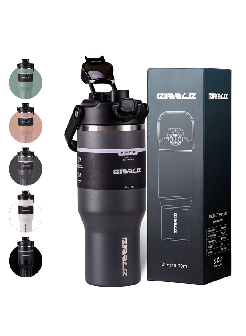 RIIZZLR® 1000ml Insulated Water Bottle Tumbler with 2-in-1 Straw & Sip Lid – Stainless Steel Vacuum Flask, Double Wall, BPA-Free, Leakproof, Wide Mouth, Keeps Drinks Hot 12H / Cold 24H - Image 1