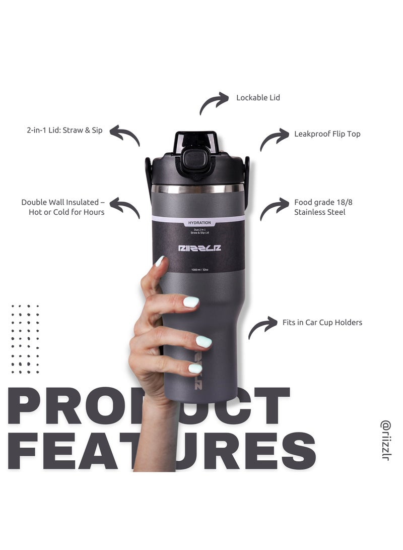 RIIZZLR® 1000ml Insulated Water Bottle Tumbler with 2-in-1 Straw & Sip Lid – Stainless Steel Vacuum Flask, Double Wall, BPA-Free, Leakproof, Wide Mouth, Keeps Drinks Hot 12H / Cold 24H - Image 3