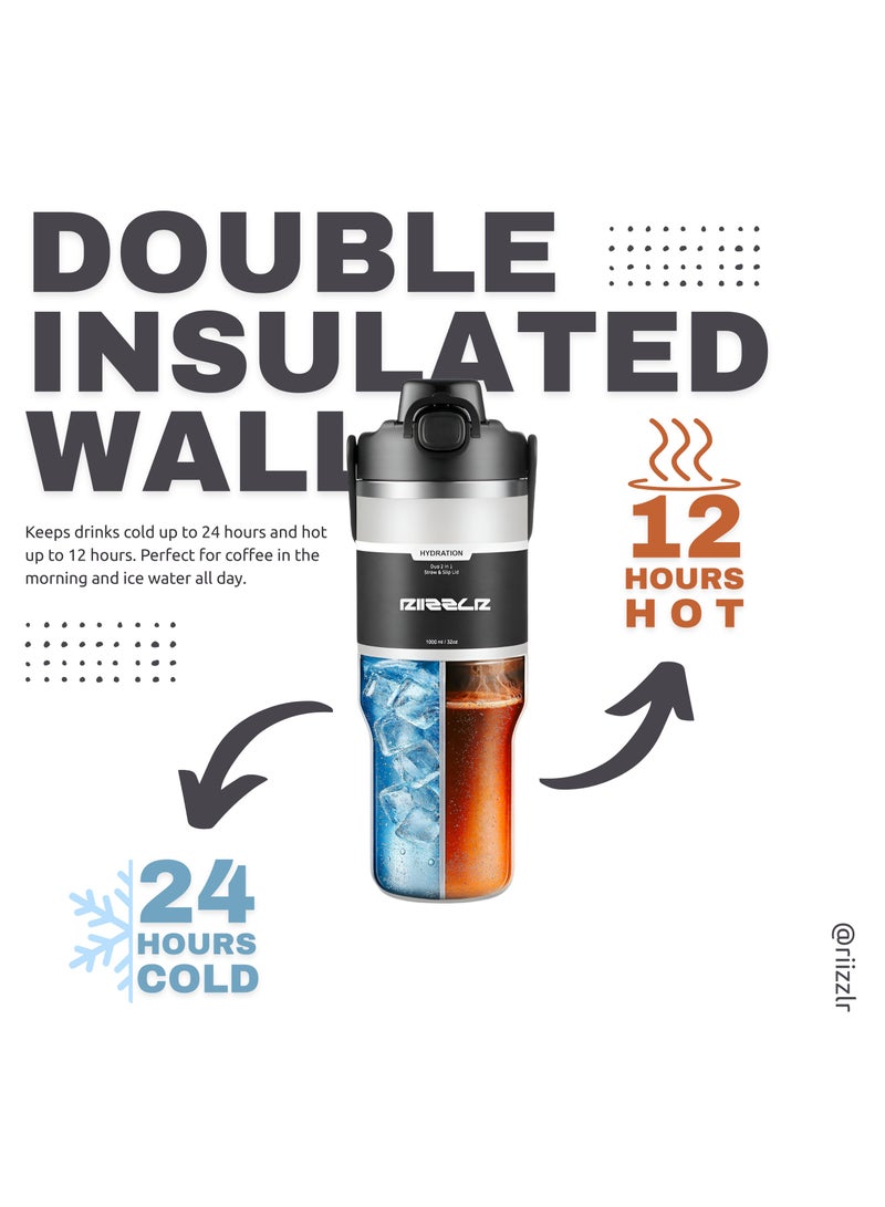 RIIZZLR® 1000ml Insulated Water Bottle Tumbler with 2-in-1 Straw & Sip Lid – Stainless Steel Vacuum Flask, Double Wall, BPA-Free, Leakproof, Wide Mouth, Keeps Drinks Hot 12H / Cold 24H - Image 4