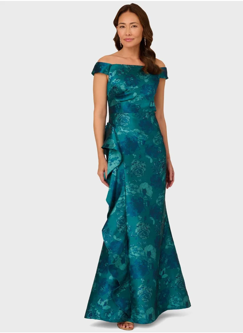 Adrianna Papell Asymmetrical Pleated Floral Dress