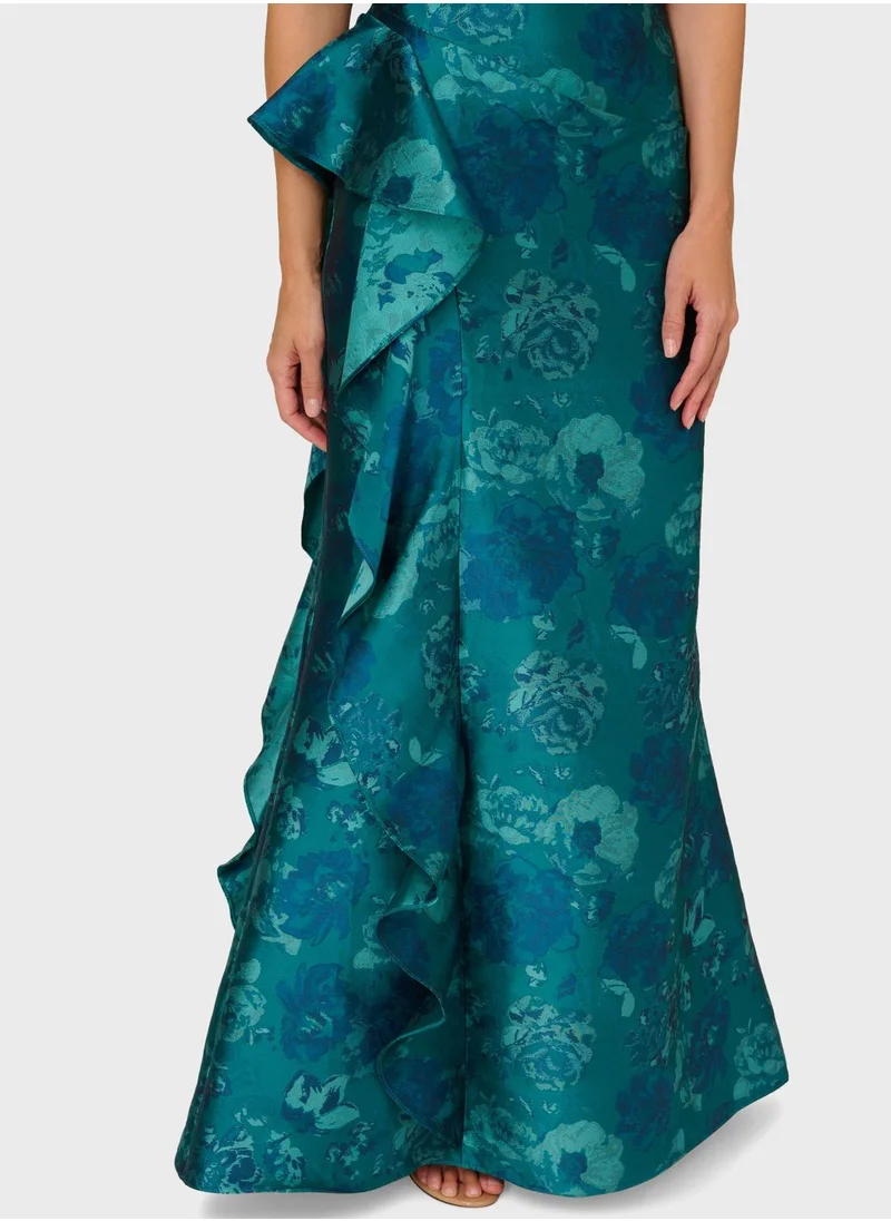 Adrianna Papell Asymmetrical Pleated Floral Dress