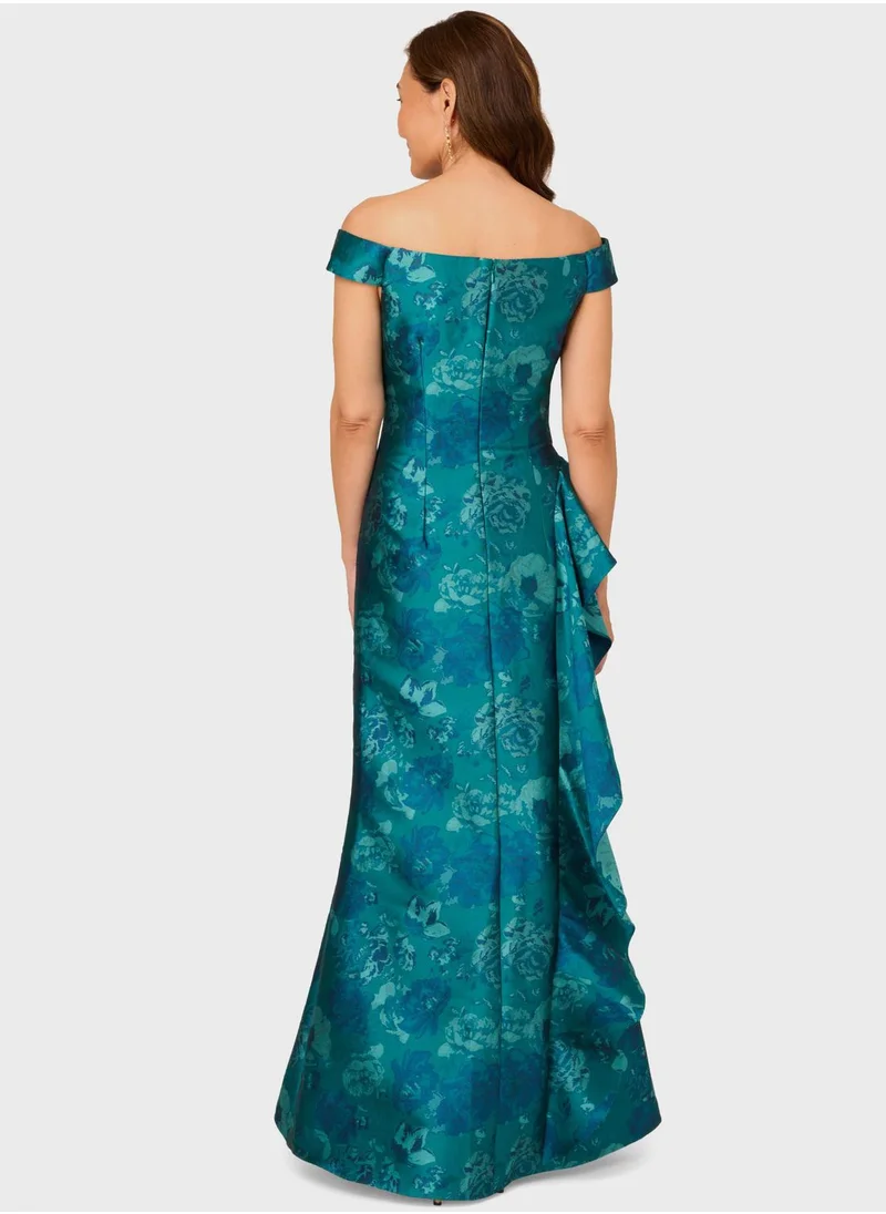 Adrianna Papell Asymmetrical Pleated Floral Dress