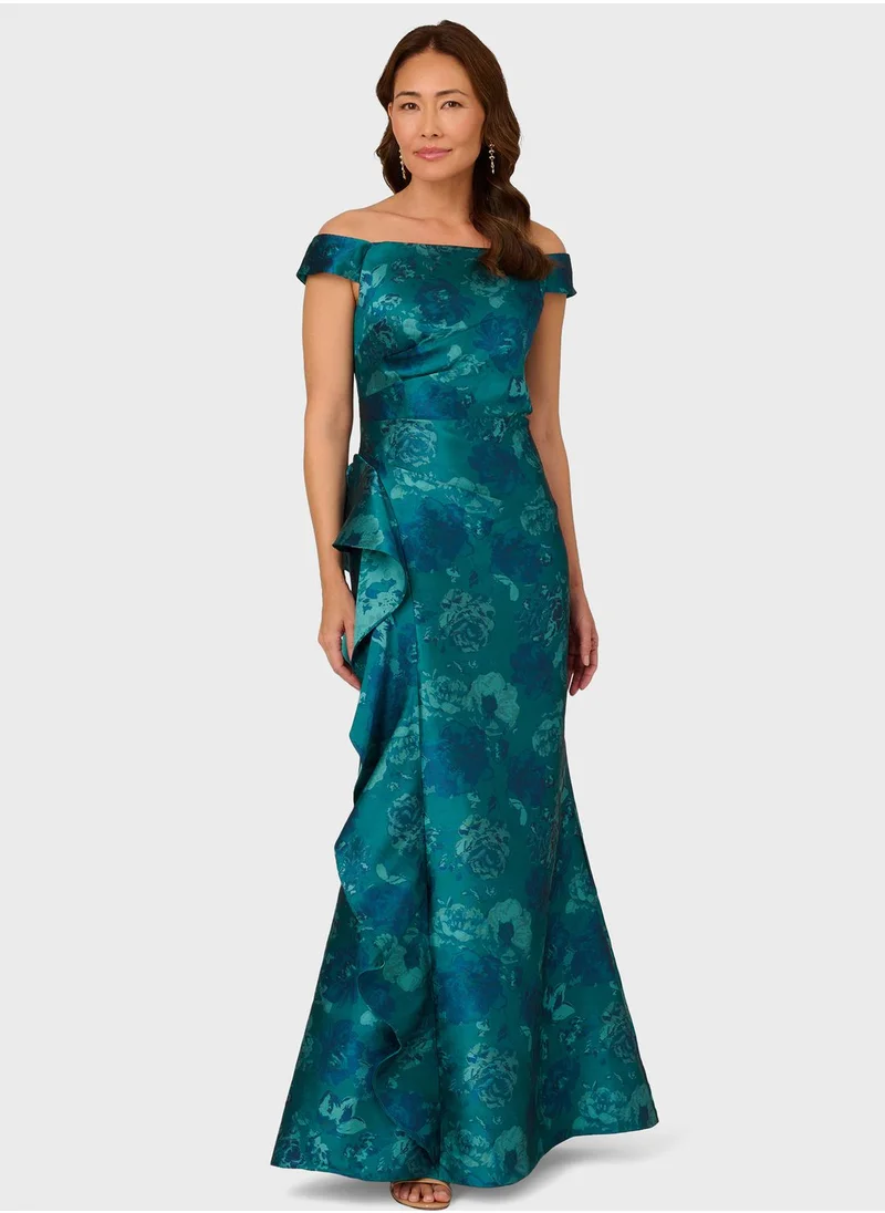 Adrianna Papell Asymmetrical Pleated Floral Dress