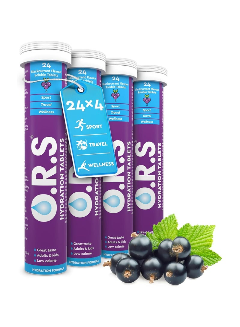 ORS O.R.S Hydration Tablets with Electrolytes, Vegan, Gluten and Lactose Free Formula – Natural Blackcurrant Flavour, 96 Tablets (Pack of 4 x 24)