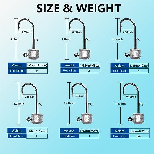 UperUper 50 Pack Ned Rig Jig Hook Kits, Jig Heads for Soft Lures, Standard Fishing Jig Hooks, 3/8oz 1/8oz 1/6oz 1/4oz - Image 2