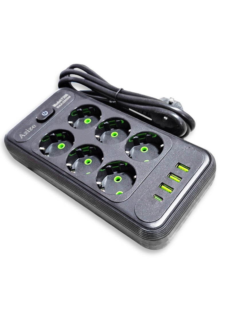 Safety Electric Power Outlets Sockets T206 , Multi Power Strip Surge Protector With 6 Outlets 2500W , Fast Charging Power Plug Extension Socket with 3 USB Port and 1 Type-C - Black