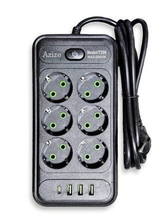 Safety Electric Power Outlets Sockets T206 , Multi Power Strip Surge Protector With 6 Outlets 2500W , Fast Charging Power Plug Extension Socket with 3 USB Port and 1 Type-C - Black - pzsku/Z6DADCC5A6E698CE9B302Z/45/1742032350/95cf58d4-6356-4628-a800-d9733d9b3ec3
