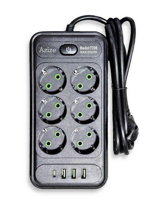 Safety Electric Power Outlets Sockets T206 , Multi Power Strip Surge Protector With 6 Outlets 2500W , Fast Charging Power Plug Extension Socket with 3 USB Port and 1 Type-C - Black