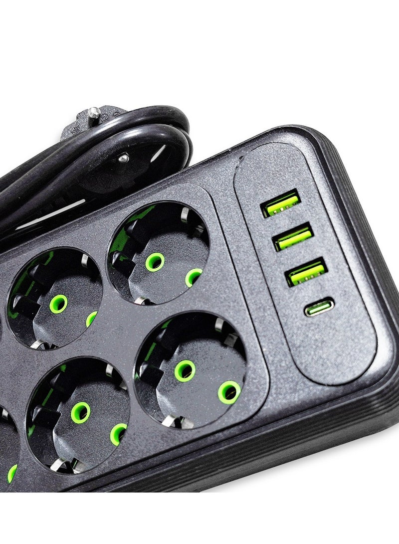 Safety Electric Power Outlets Sockets T206 , Multi Power Strip Surge Protector With 6 Outlets 2500W , Fast Charging Power Plug Extension Socket with 3 USB Port and 1 Type-C - Black