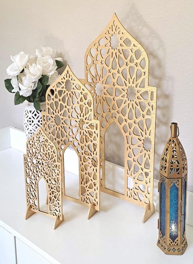 مجموعة أزرار مميزة من 3 قطع لتزيين رمضان، زينة رمضانية للمنزل، مجموعة فوانيس مغربية فنية، هدايا رمضانية، قطعة ديكور للطاولة، زينة إسلامية خشبية ذهبية للمنزل