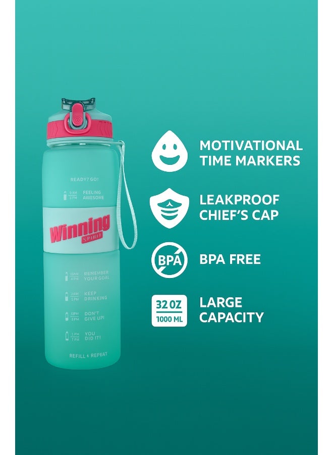 Toshionics 1000ml Motivational Winning Spirit Water Bottle with Time Markers, One-Touch Lockable Lid, Flip-Up Integrated Straw, One Carry Handle and Non-Slip Lid - BPA-Free, Leak-Proof Lid, Eco- Friendly, Plastic, Reusable, Drink Reminder Water Bottle for Adults and Kids in School, Office, Daily Hydration, Gym, Fitness, Yoga, Cycling, Hiking, Outdoor Camping, Hiking, Sports and Travel, 32oz Bottle - Image 2