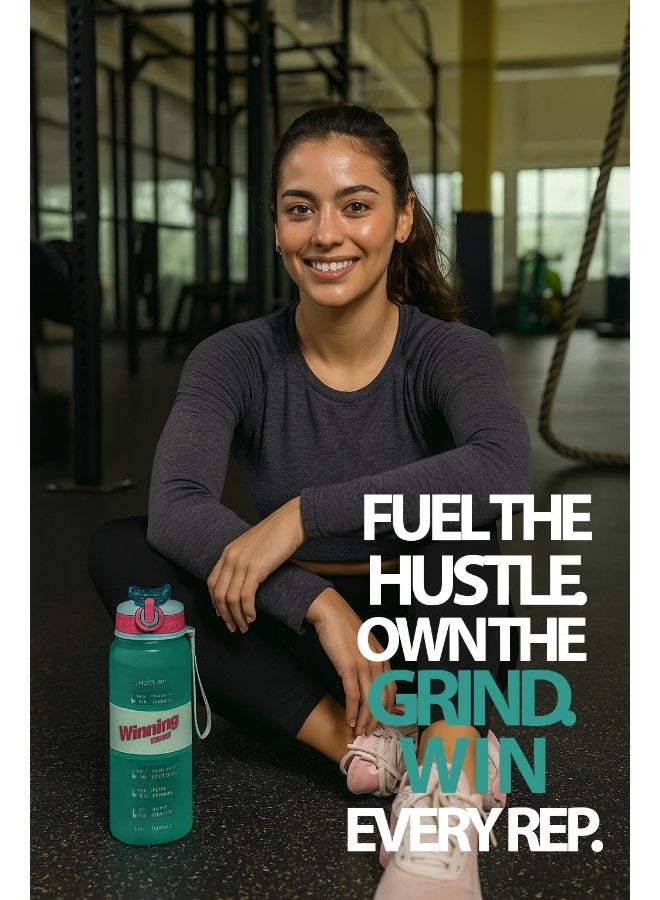 Toshionics 1000ml Motivational Winning Spirit Water Bottle with Time Markers, One-Touch Lockable Lid, Flip-Up Integrated Straw, One Carry Handle and Non-Slip Lid - BPA-Free, Leak-Proof Lid, Eco- Friendly, Plastic, Reusable, Drink Reminder Water Bottle for Adults and Kids in School, Office, Daily Hydration, Gym, Fitness, Yoga, Cycling, Hiking, Outdoor Camping, Hiking, Sports and Travel, 32oz Bottle - Image 3