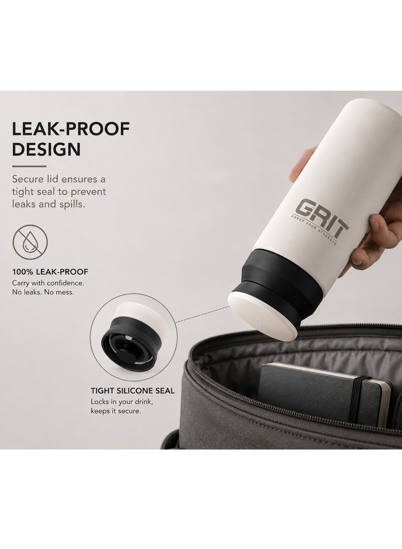 GRIT Insulated Flask Bottle 350ml - Hot & Cold Stainless Steel Flask - Modern Compact Design, Comfortable Grip & Leakproof Lid - White Stainless Steel Flask - Image 5