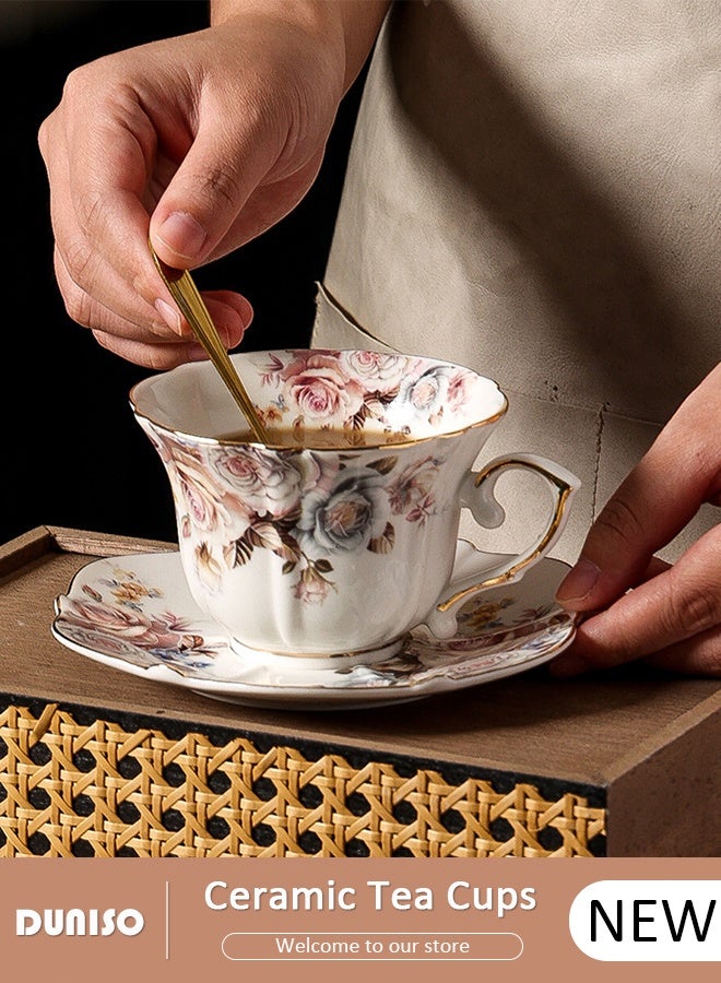 DUNISO Ceramic Tea Cups and Saucers Set, Porcelain Tea Set for Tea Party, Afternoon Tea Cups Saucer for Coffee Drinks and Tea, Kitchen and Living Room Saucers Set,Ceramic Coffee Cup for Office and Home - Image 1