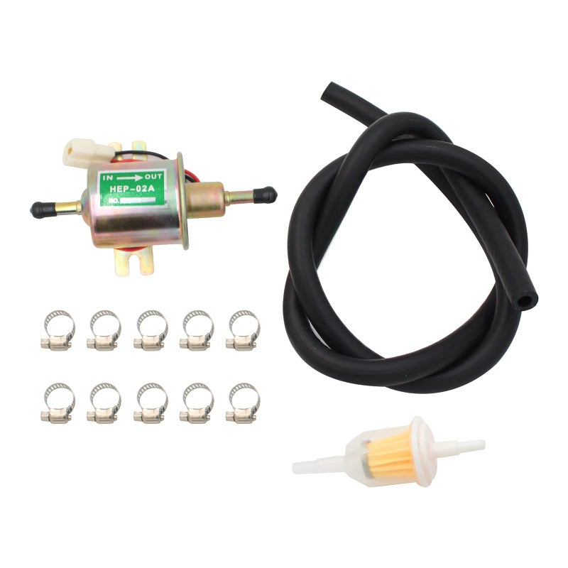 12V Universal Electric Fuel Pump Kit (3-6PSI) inline Low Pressure Fuel Pump HEP-02A + 1 Meter/3.28-Foot 5/16" ID Fuel Line + 1/4 Inch & 5/16 Inch Fuel Filters + 10pcs 10-16mm Hose Clamp