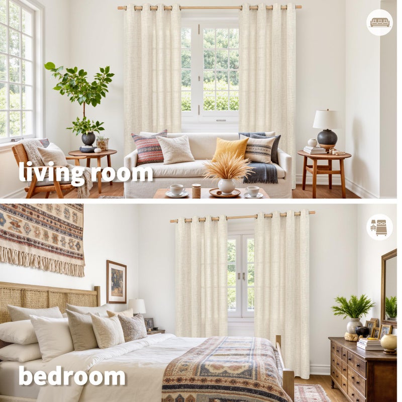 YoungsTex Linen Curtains 84 Inches Long for Living Room Light Filtering - Rustic Farmhouse Semi Sheer Drapes Window Treatments with Bronze Grommet for Dining Bedroom, 2 Panels 52 x 84 Inch - Image 2