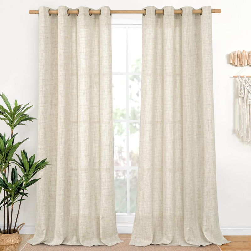 YoungsTex Linen Curtains 84 Inches Long for Living Room Light Filtering - Rustic Farmhouse Semi Sheer Drapes Window Treatments with Bronze Grommet for Dining Bedroom, 2 Panels 52 x 84 Inch - Image 1