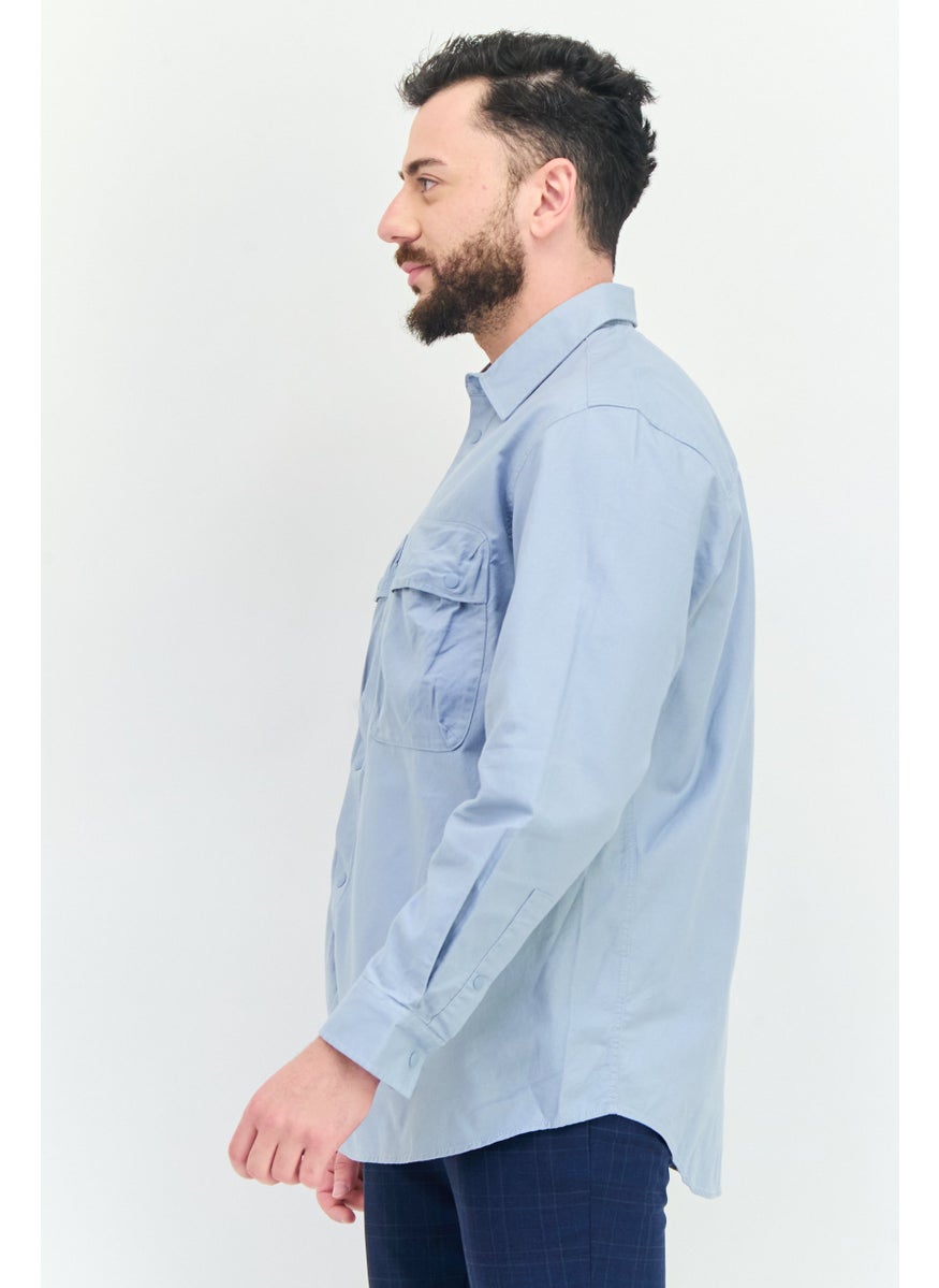 Selected Homme Men Fashion Fit Plain Long Sleeves Casual Shirt, Blue  - Image 3