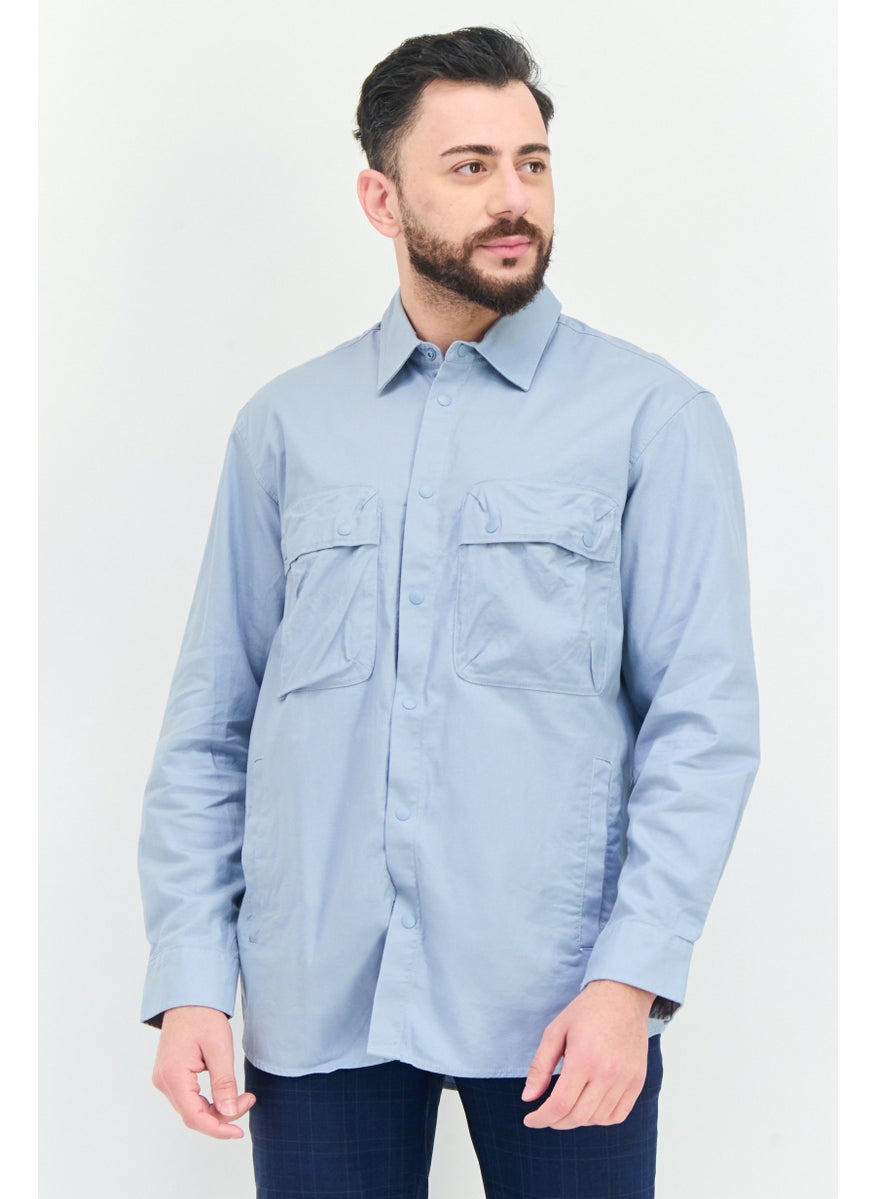 Selected Homme Men Fashion Fit Plain Long Sleeves Casual Shirt, Blue  - Image 1