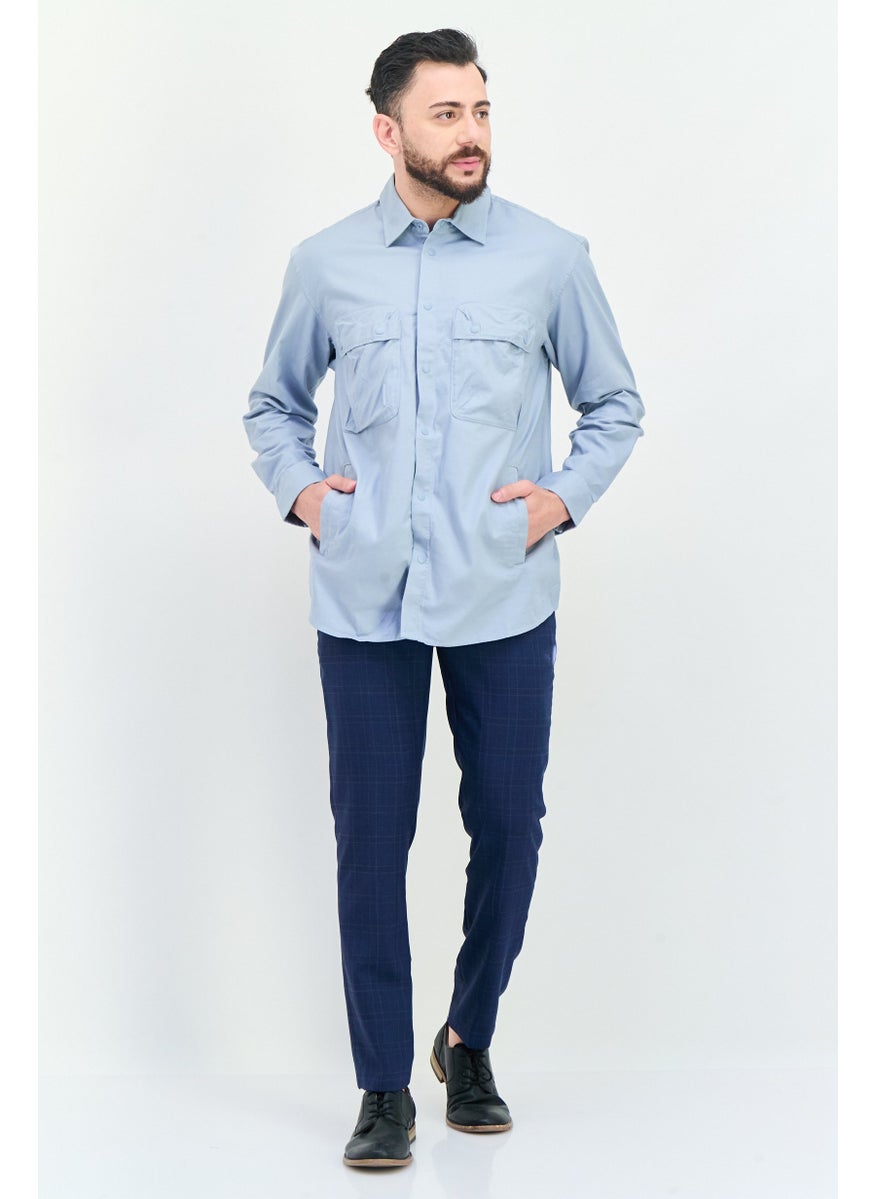 Selected Homme Men Fashion Fit Plain Long Sleeves Casual Shirt, Blue  - Image 2